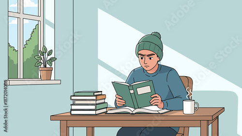Young Man Reading Book by Window on Cozy Day