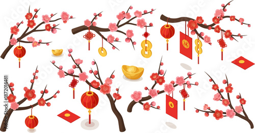plum blossom tree with lanterns and red envelopes