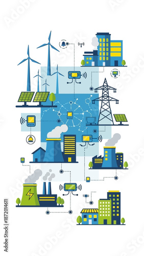 Renewable energy sources powering industrial and residential areas.