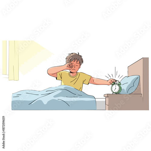 Sleepy man waking up in bed turning off alarm clock during early morning routine illustration
