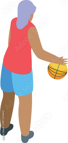 Back view of a female basketball player dribbling the ball, showcasing athleticism and control on the court
