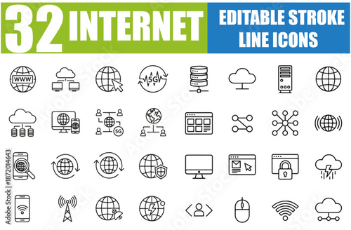 Internet Icon Set - Website, Wi-Fi, Browser, Cloud, Server, Network, Modem, Router, Online, Connection, Web Page, Global Network and More - Editable Stroke Vector Illustration for Adobe Stock and Shut