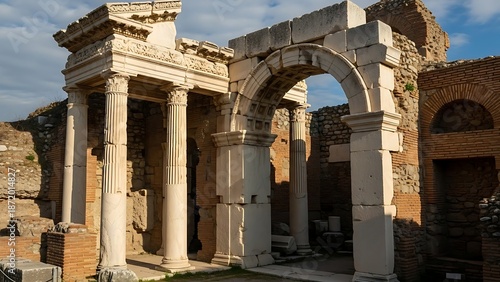 Ancient Roman ruins featuring classical columns and a grand stone archway under a bright blue sky.