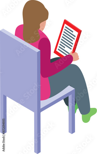 Girl relaxing and enjoying her ebook reader while sitting comfortably on a chair