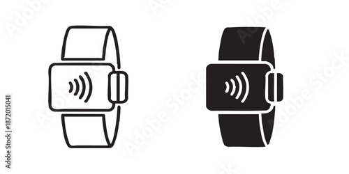 Cashless payment wristband vector icon, RFID technology and contactless payment symbol, outline and filled style, clean black line and solid design, minimal flat icon, isolated on transparent backgrou