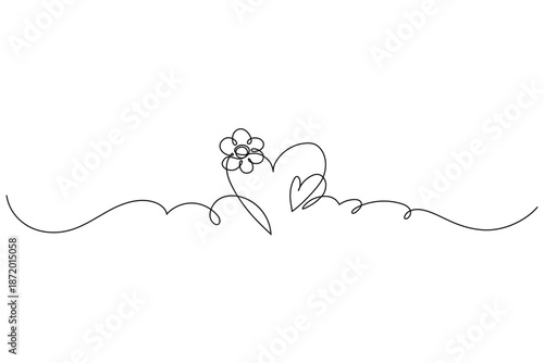 Continuous Line Drawing Heart Icons with Flower. Hand drawn minimal heart line art design. Abstract doodle romantic love concept for valentine card, wedding invitation, web banner and print. Vector