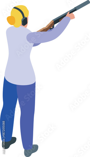 Sportswoman practicing shooting with a shotgun in a shooting range, wearing ear protection and aiming carefully