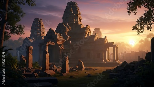 Ancient temple ruins bathed in the warm glow of a sunrise, surrounded by lush jungle foliage and historical stone structures.