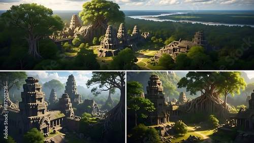 Ancient temple ruins in a lush jungle setting with large trees and a distant river.