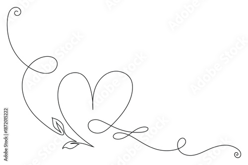 Continuous Line Drawing Heart Icon with Leaves. Hand drawn minimal heart line art design. Abstract doodle romantic love concept for valentine card, wedding invitation, web banner and print. Vector
