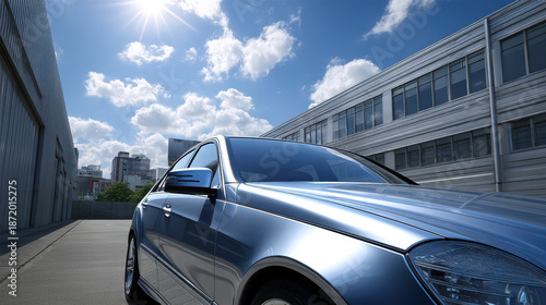 A sleek silver car glistens in the bright sunshine against a backdrop of modern architecture and a beautiful blue sky filled with fluffy white clouds in the city.