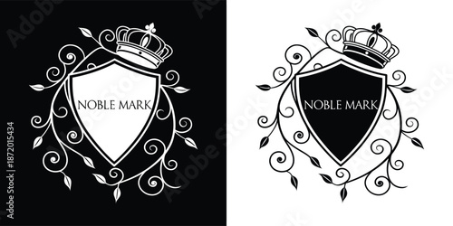 Elegant heraldic crest design featuring a royal crown atop a shield surrounded by intricate swirling botanical vine elements