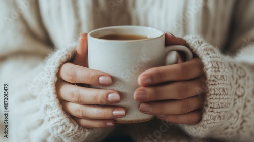 Gentle morning serenity, Calm hands hold warm cup, Silent moment with cozy beverage, Peaceful start with warm drink and soft light, Tranquil morning scene featuring caregiver and comforting warm mug