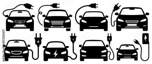 Electric Car Silhouette Icon Set with Charging Plug Vector on Transparent Background