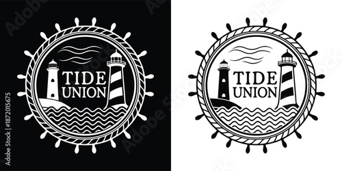 Nautical emblem design featuring two lighthouses and the words tide union encircled by a ship's steering wheel
