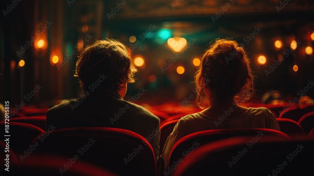 Fototapeta premium Young romantic loving couple kissing on the red chair in Cinema, relationships and lifestyle concept,bokeh pink heart in cinema,romantic spending time together,Relaxation movie concept.