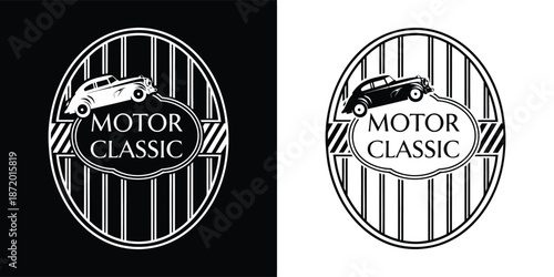 Vintage automobile emblem featuring a classic car illustration above the text motor classic in an oval frame