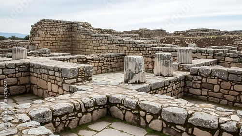 Ancient stone ruins of an archaeological site under an overcast sky, showing foundations and remnants of structures.