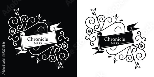 Elegant black and white design featuring a scroll banner with the words chronicle mark surrounded by ornate swirls