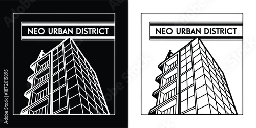 Stylized graphic design displaying a modern high-rise apartment building labeled neo urban district in two color variations