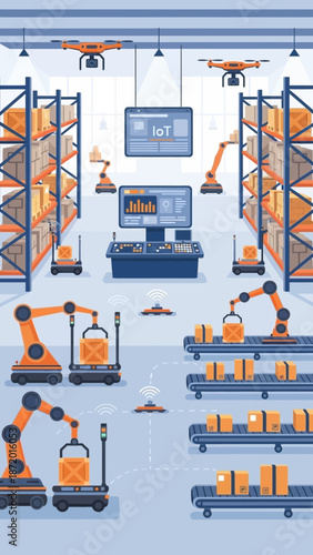 Automated warehouse with robots and shelves storing goods.