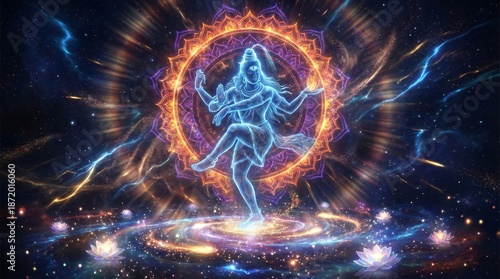 The cosmic dance of Lord Shiva representing the cycle of creation.