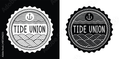Nautical themed circular badge design featuring an anchor waves and rope border in black and white for branding use