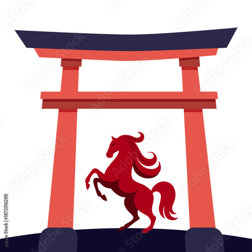 Red chinese zodiac horse with traditional temple shrine for lunar new year 2026