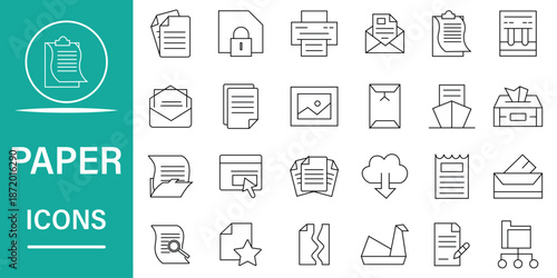 Paper line icons related to copywriting, documents, contract and more. Set of 24 outline icons related to paper. Editable stroke. Vector illustration.