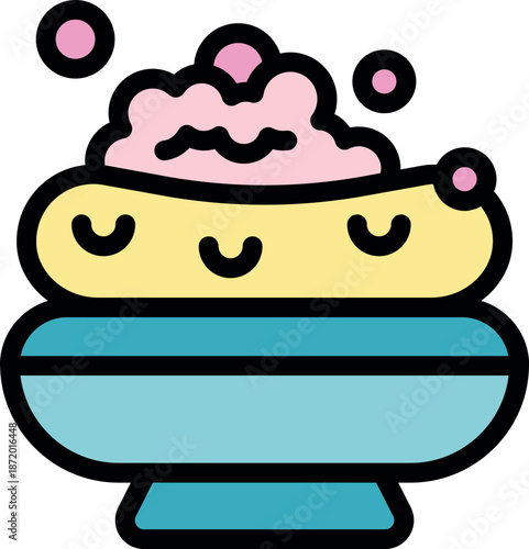 Cartoon soap bar with pink bubbles rests on a soap dish, ready for spa time and relaxation