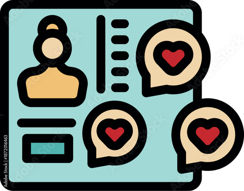 Online dating app is displaying woman profile receiving three romantic messages with hearts, symbolizing affection and connection