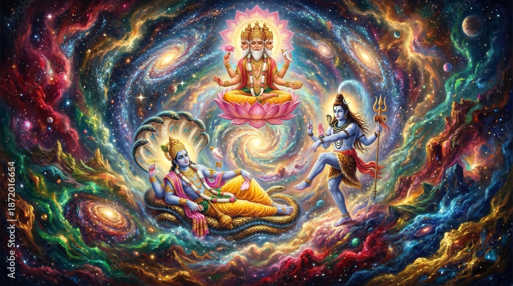 Obraz premium The Hindu Trinity (Trimurti) representing creation, preservation, and destruction.