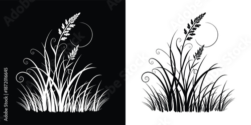 Elegant black and white graphic design featuring stylized tall grass sheaves with swirling vines and a subtle circular motif