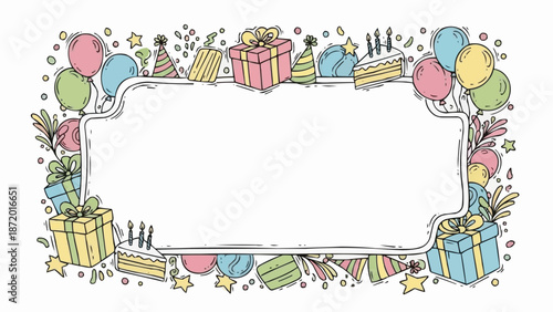 Birthday Celebration Frame with Gifts Balloons and Cake Elements.