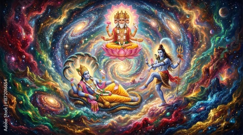The Hindu Trinity (Trimurti) representing creation, preservation, and destruction.
