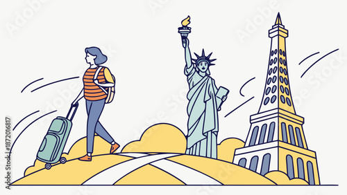 Traveler with luggage walking towards the Statue of Liberty and iconic landmarks.