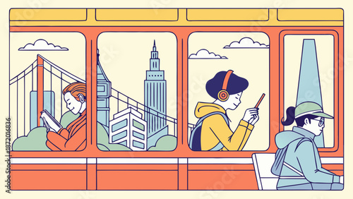 People traveling on a train with cityscape views.