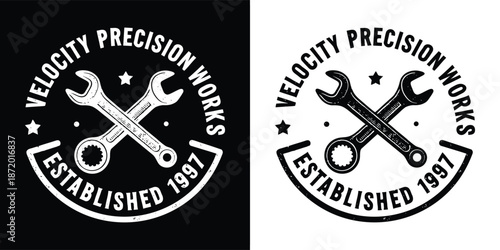 Vintage style emblem featuring crossed wrenches and text reading velocity precision works established 1997 for mechanics.