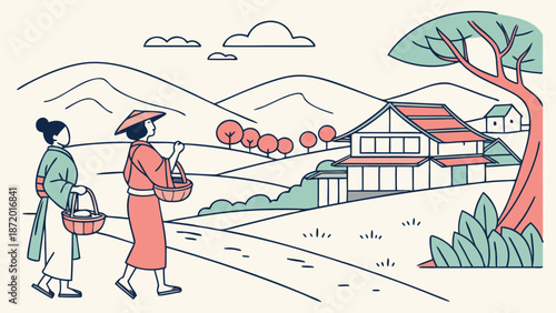 Two women in traditional Japanese attire walk along a path towards a village nestled in rolling hills.