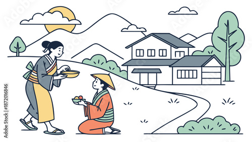 Traditional Japanese scene depicting two people in kimonos exchanging food bowls in a peaceful rural landscape with mountains and a house.