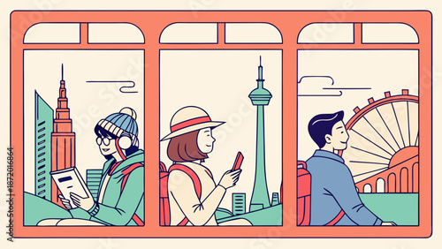 Three people enjoying different travel experiences in urban settings, viewed through window frames.