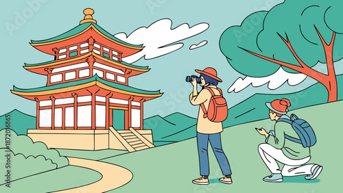 Two travelers capturing photos of a beautiful traditional Asian temple in a serene natural landscape.