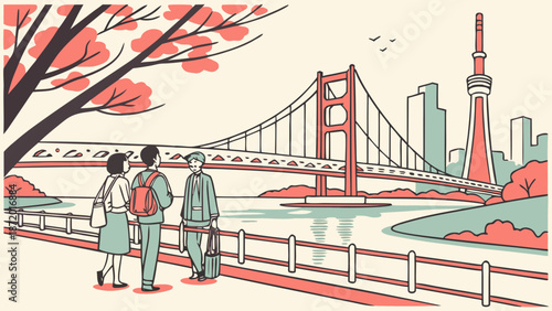 A scenic illustration of a couple and a traveler admiring a city skyline with a prominent suspension bridge and a tall tower.