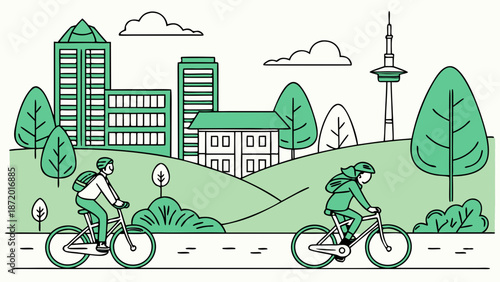 Two people cycle along a path in a green city with modern buildings and a distant tower.