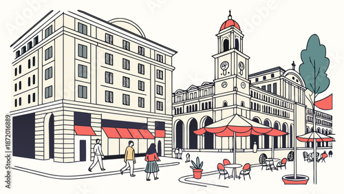 A charming illustrated street scene featuring historic architecture, outdoor cafes, and people walking.