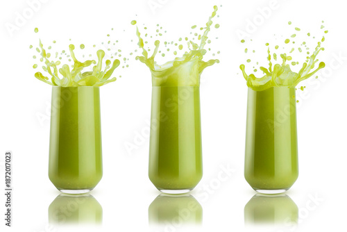 Wallpaper Mural Fresh green vegetable juice with splashes, flying drops in glasses, isolated. Set of three glasses. Kiwi juice. Healthy organic drink for design detox diet menu, fitness beverage, vegetarian cuisine. Torontodigital.ca