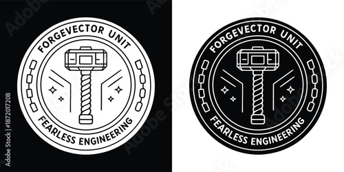 Black and white logo design featuring a stylized mythological hammer within a circular emblem for forgevector unit engineering