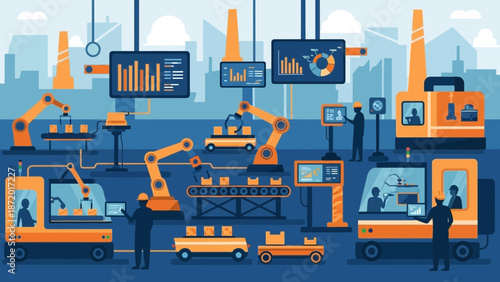 Automated factory with robotic arms and digital displays.