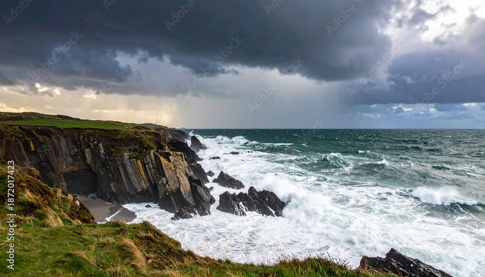 Fototapeta premium Rugged Coastline with Stormy Weather Conditions.