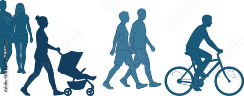 Blue silhouettes of people walking, a woman pushing a stroller, two men jogging, and a male cyclist riding a bike on white background.